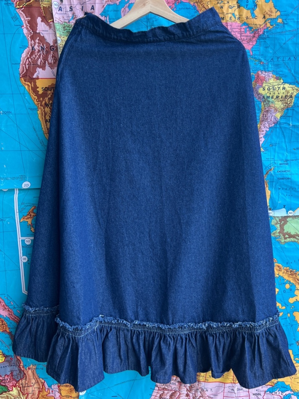 American Apparel Dark Navy Denim Maxi Skirt with Ruffle Hem